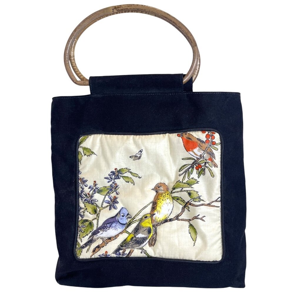 Quilted Bird Tote Bag Purse Lined Black Fabric Handbag Pocket Blue Jay Vintage - Picture 12 of 12